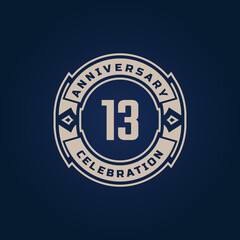 13 Year Anniversary Celebration with Golden Color for Celebration Event, Wedding, Greeting card, and Invitation Isolated on Blue Background