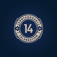 14 Year Anniversary Celebration with Golden Color for Celebration Event, Wedding, Greeting card, and Invitation Isolated on Blue Background