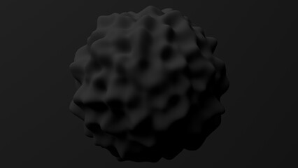 Black deformed sphere, black background. Abstract monochrome illustration, 3d render.