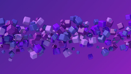 Group of blue and purple cubes flying. Abstract illustration, 3d render.