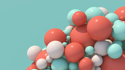 Group of colorful balls. Mint blue background. Abstract illustration, 3d render, close-up.