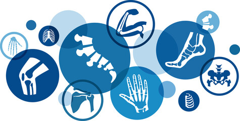 orthopedics vector illustration. Concept with connected icons related to orthopaedic surgery, arthritis, skeletal and bone medical treatment or physical therapy. - obrazy, fototapety, plakaty