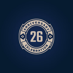 26 Year Anniversary Celebration with Golden Color for Celebration Event, Wedding, Greeting card, and Invitation Isolated on Blue Background