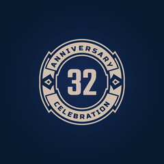 32 Year Anniversary Celebration with Golden Color for Celebration Event, Wedding, Greeting card, and Invitation Isolated on Blue Background