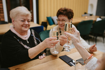 Smiling elderly dark-haired and fair-haired women with makeup dressed in black and white jackets clinking glasses of wine or champagne in cafe celebrating their meeting with friends