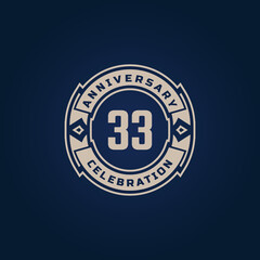 33 Year Anniversary Celebration with Golden Color for Celebration Event, Wedding, Greeting card, and Invitation Isolated on Blue Background