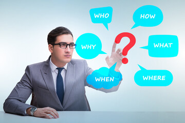 Concept of many different questions asked with businessman