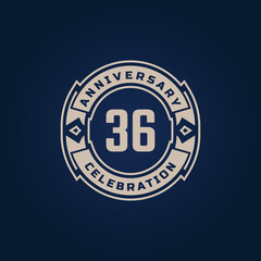 36 Year Anniversary Celebration with Golden Color for Celebration Event, Wedding, Greeting card, and Invitation Isolated on Blue Background