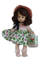 Party girl doll is dressed in original hat, purse, dress and pink shoes. She is standing in pristine condition from the 1950s. She is vintage new with blue eyes.