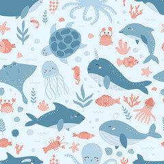Seamless pattern with sea and ocean animals, corals, seaweeds and shells. Flat design style cartoon characters. Hand drawn turtle, dolphin, whale, narwhal, crab, squid, shark and stingray.