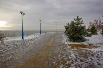 Winter on the Black Sea coast in the city of Yuzhny. in the Odessa region in Ukraine.