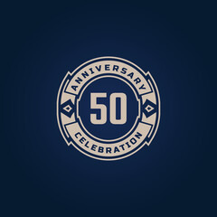 50 Year Anniversary Celebration with Golden Color for Celebration Event, Wedding, Greeting card, and Invitation Isolated on Blue Background