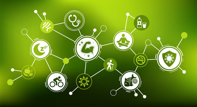 Immune system vector illustration. Concept with connected icons related to immunity against disease and virus infections, healthy lifestyle, prevention and defense against illnesses.