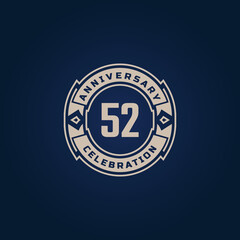 52 Year Anniversary Celebration with Golden Color for Celebration Event, Wedding, Greeting card, and Invitation Isolated on Blue Background