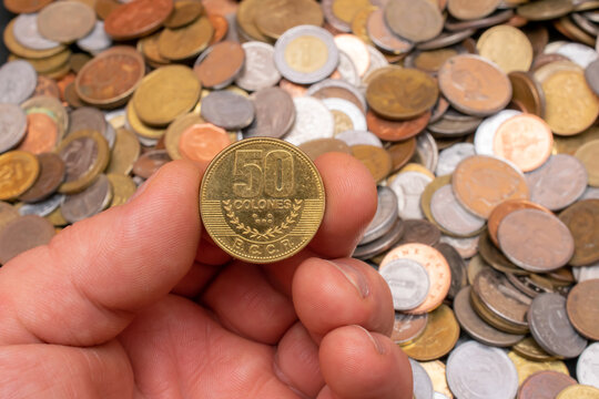 republica de costa rica coin 50 colones in hand