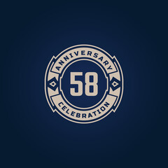 58 Year Anniversary Celebration with Golden Color for Celebration Event, Wedding, Greeting card, and Invitation Isolated on Blue Background