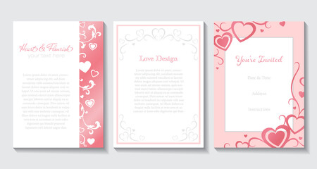 A set of elegant Valentine style invitations in pink, white, and silver
