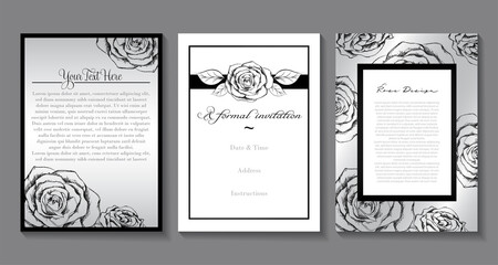 A set of elegant rose sketch invitation designs in black, white, and silver
