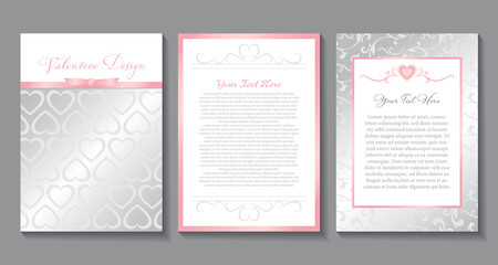 A set of elegant Valentine style invitations in pink, white, and silver
