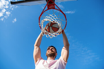 high view of basketball player throws the ball into the hoop outdoor, motivation © Olena