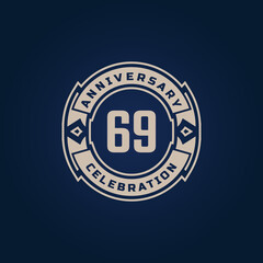 69 Year Anniversary Celebration with Golden Color for Celebration Event, Wedding, Greeting card, and Invitation Isolated on Blue Background
