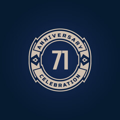 71 Year Anniversary Celebration with Golden Color for Celebration Event, Wedding, Greeting card, and Invitation Isolated on Blue Background