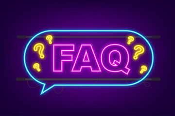 Frequently asked questions FAQ banner. Neon icon. Computer with question icons. Vector illustration. - obrazy, fototapety, plakaty