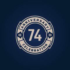 74 Year Anniversary Celebration with Golden Color for Celebration Event, Wedding, Greeting card, and Invitation Isolated on Blue Background