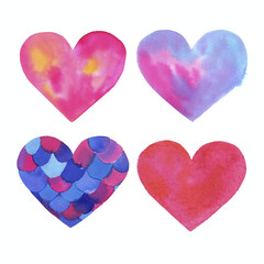Watercolor blu and pink hearts set isolated on white background. Valentines hand drawn love symbols collection