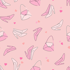 Seamless pattern with pumps and handbags in pink colors. Vector illustration for stunning glamorous backgrounds.