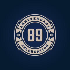 89 Year Anniversary Celebration with Golden Color for Celebration Event, Wedding, Greeting card, and Invitation Isolated on Blue Background