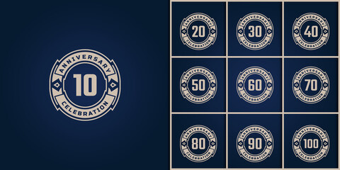 Set of Year Anniversary Celebration with Golden Color for Celebration Event, Wedding, Greeting card, and Invitation Isolated on Blue Background