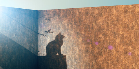 Fondo de sombras. Ilustración 3d. Fondo minimalista de sombras de ramas de árboles y gato sobre fondo de cemento.