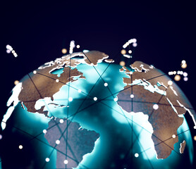 Concepto de tecnología global e información de red. Ilustración 3d. Telecomunicaciones globales y computación en la nube y mapa del mundo. © C.Castilla
