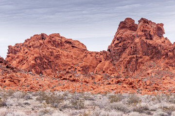 Fototapeta na wymiar Overton, Nevada, USA - February 24, 2010: Valley of Fire. Red rocky outcrops above beige sand floor with dry bushes under light blue cloudscape.