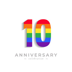 10 Year Anniversary Celebration with Rainbow Color for Celebration Event, Wedding, Greeting card, and Invitation Isolated on White Background