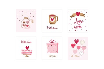 Fototapeta na wymiar Set of 6 cards for valentine's day. Hand drawn posters. Greeting vector card for Valentine's Day with lettering. Pattern with color hearts. February 14