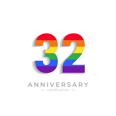 32 Year Anniversary Celebration with Rainbow Color for Celebration Event, Wedding, Greeting card, and Invitation Isolated on White Background