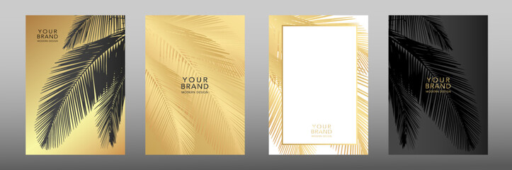 Tropical cover design set with palm branch, golden leaf on background. Holiday black and gold exotic tropical pattern for vector wedding card, luxury menu template, summer holiday poster