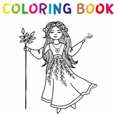 Coloring book Spring girl with a bird on her hand, a forest sorceress with long hair and a wreath of flowers, eps10 vector illustration