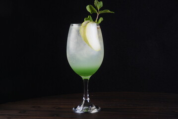 drinks tropical citrus fruits over ice, with sprigs of herbs, grants space for text in blurred background