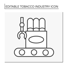  Manufacture line icon. Cigar production. Manufacturing of completing cigarettes in boxes. Tobacco industry concept. Isolated vector illustration. Editable stroke
