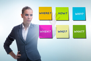 Concept of many different questions asked with businesswoman