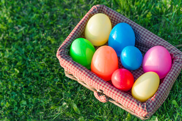 Plastic multi-colored Easter eggs close-up..