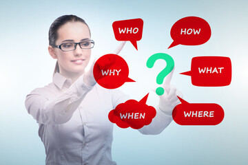 Concept of many different questions asked with businesswoman