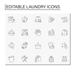 Laundry service line icons set. Washing, ironing and drying clothing. Cleaning service. Householding.Laundry service concept. Isolated vector illustrations.Editable stroke