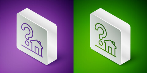 Isometric line House with question mark icon isolated on purple and green background. Housing problems, questions. Silver square button. Vector