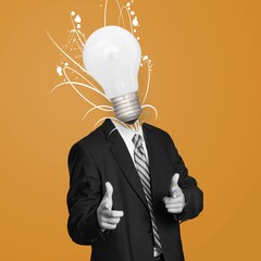 New ideas, thougths and power. Man in business suit with electric bulb instead head contemporary...