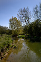 Walking along the river Thames in Oxfordshire on a sunny spring day