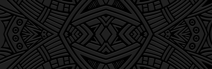 Banner, modern cover design. Dynamic geometric ethnic 3d pattern on black background, embossed unique texture. Vector graphics for business background, magazine layout, brochure, booklet, flyer.
